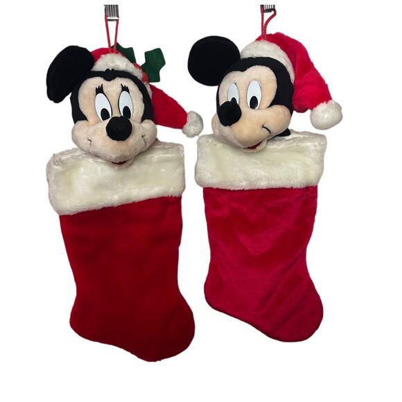 Vintage Disney Mickey & Minnie Christmas Stockings Plush Heads Pair 90s - Picture 1 of 7